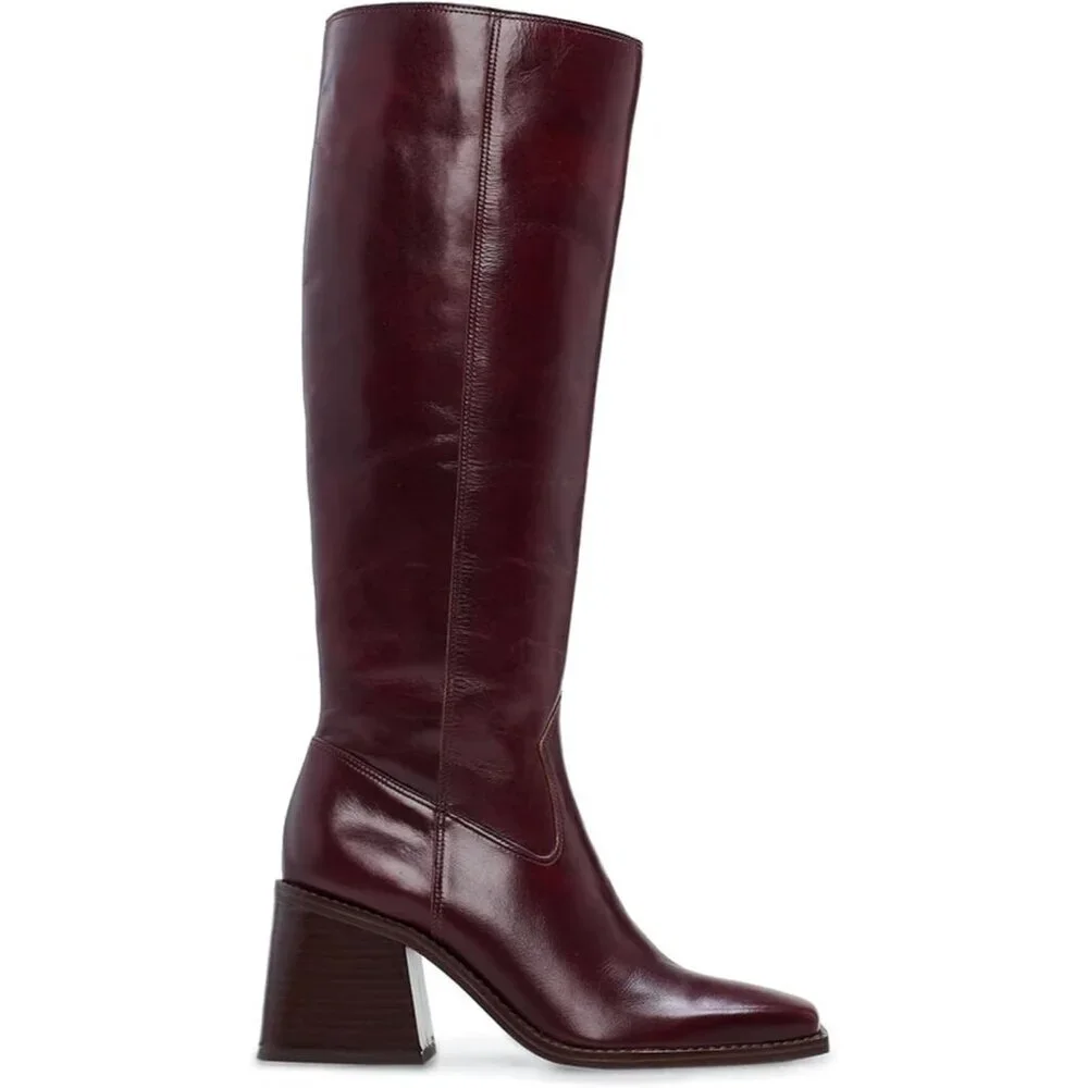Women Burgundy Polyurethane Knee High Side Zipper Square Toe Block Heel Boots